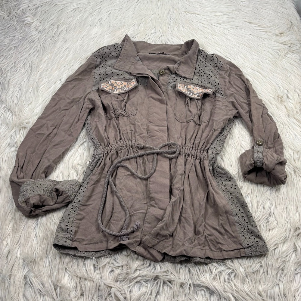 Miss Me Women's M Olive Embroidered Eyelet Utility Shirt Jacket Moto Y2K